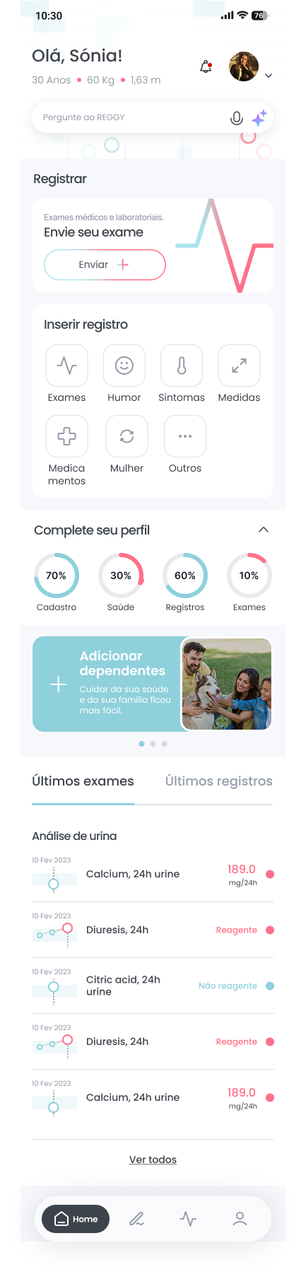 Tela inicial do app Reggy